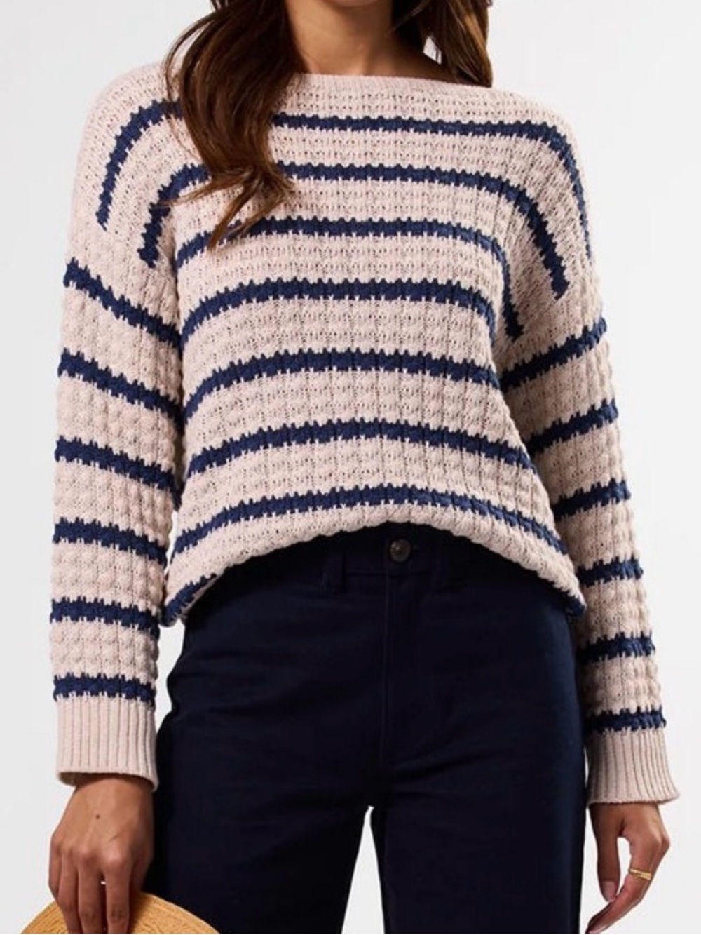 Amour Vert Stripe Novelty Sweater Navy Oatmeal Cotton Linen M